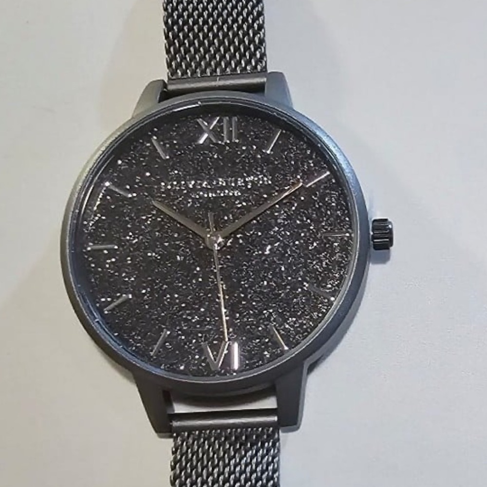 OLIVIA BURTON GUNMETAL GLITTER WATCH WITH 34mm SPARKLIE FACE & MESH BRACELET